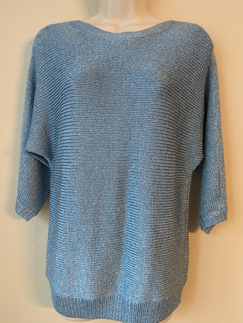 Chicos Woman Sz 1 Knit Metallic Thread Dolman Sleeve Blue Silver Pullover